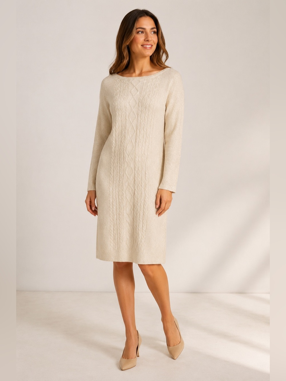 NWT Chaps Cream Gold Sparkle Cable Knit Long Sleeve Dress Size M